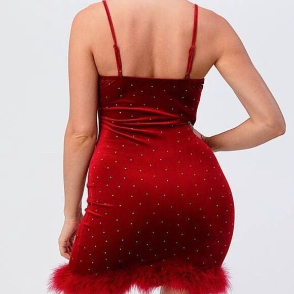 Red Velvet Rhinestone Mini Dress - Picture 3 of 7